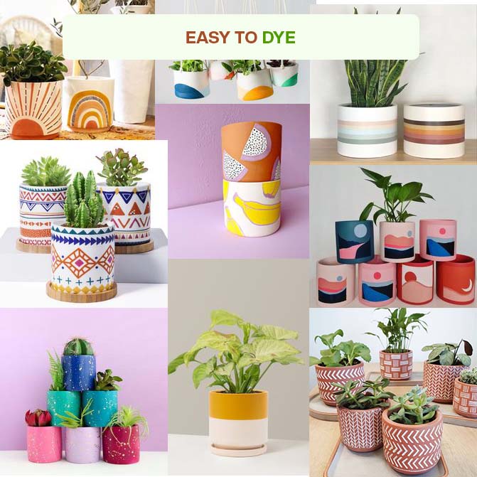 Colorfully Painted Terracotta Planters Pot Showcasing A Variety Of Creative Designs, Highlighting The Easy-To-Dye Feature For Custom Decoration.