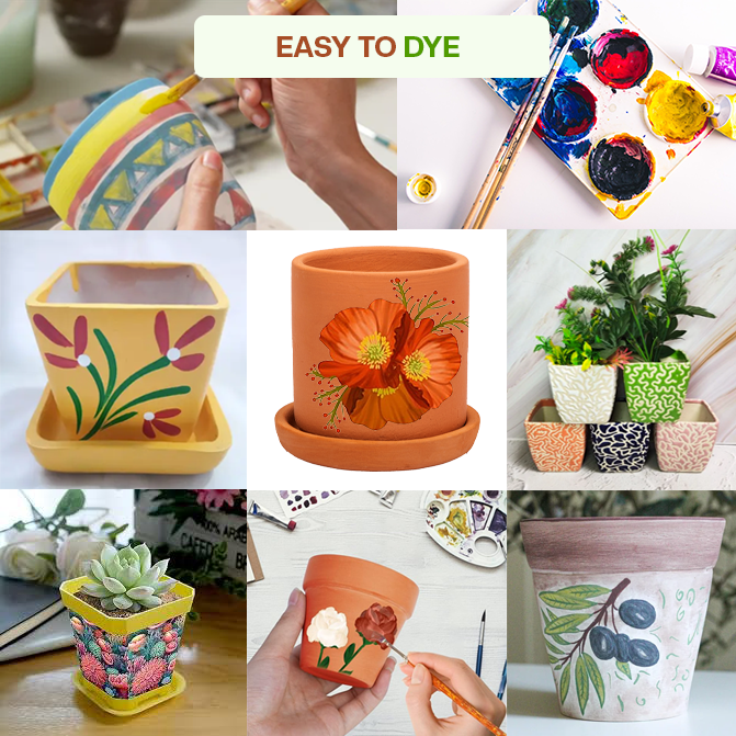 Colorfully Painted Terracotta Planters Pot Showcasing A Variety Of Creative Designs, Highlighting The Easy-To-Dye Feature For Custom Decoration.