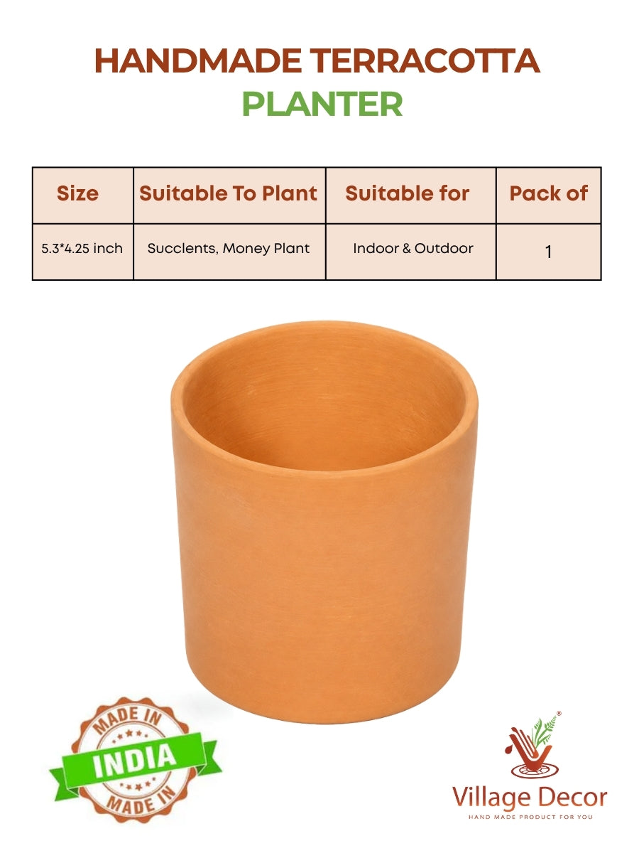Handcrafted Terracotta Planter In A Smooth Cylinder Shape, Ideal For Enhancing Indoor And Outdoor Garden Decor.