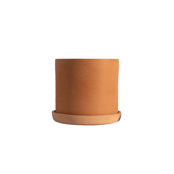 Plain terracotta planter with a round base plate, showcasing a smooth cylindrical shape and natural clay texture against a white background.