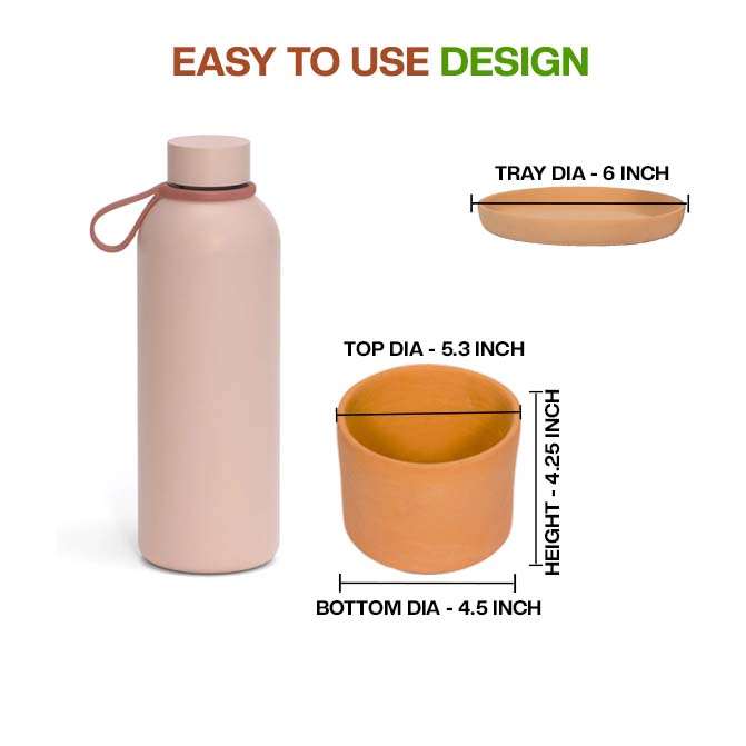 Detailed View Of Terracotta Cylinder Shape Planter pot With Tray, Showing Top, Bottom, Height, And Tray Dimensions For Better Understanding Of Size And Design.