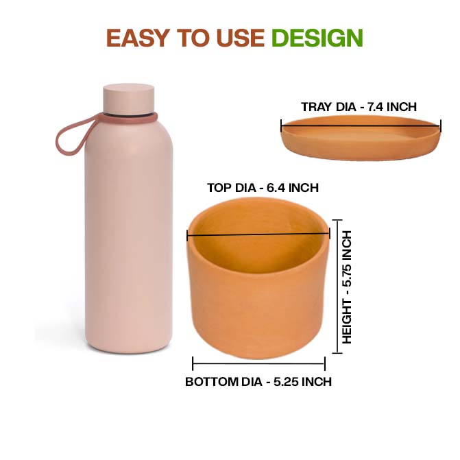 Detailed View Of Terracotta Cylinder Shape Planter pot With Tray, Showing Top, Bottom, Height, And Tray Dimensions For Better Understanding Of Size And Design.