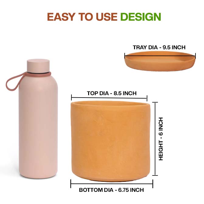 Detailed View Of Terracotta Cylinder Shape Planter pot With Tray, Showing Top, Bottom, Height, And Tray Dimensions For Better Understanding Of Size And Design.