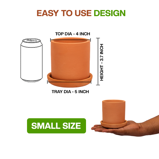 Detailed View Of Terracotta Cylinder Shape Planter pot With Tray, Showing Top, Bottom, Height, And Tray Dimensions For Better Understanding Of Size And Design.