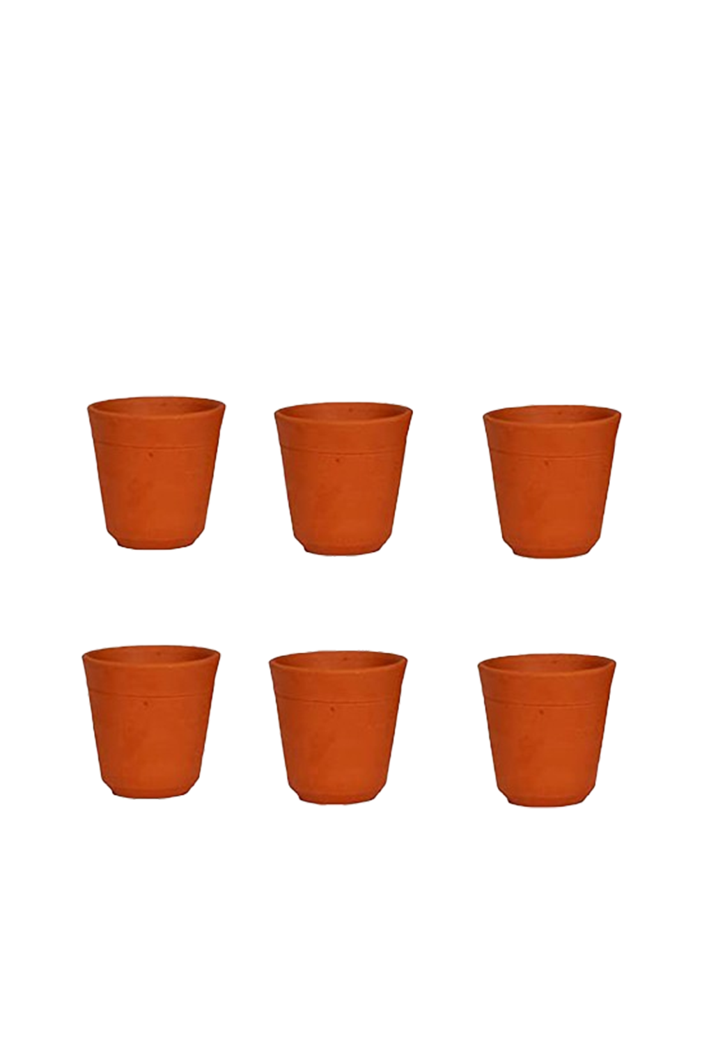 Set of six terracotta drinking glasses neatly arranged on a white background, showcasing their earthy texture and traditional handcrafted design.