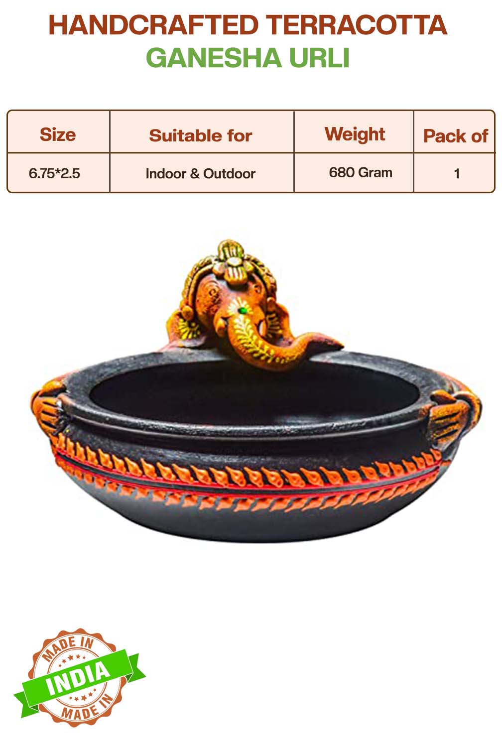 Front and top view of terracotta Ganesha urli showing detailed size dimensions including diameter and height, with floral handpainting and easy to use design label.