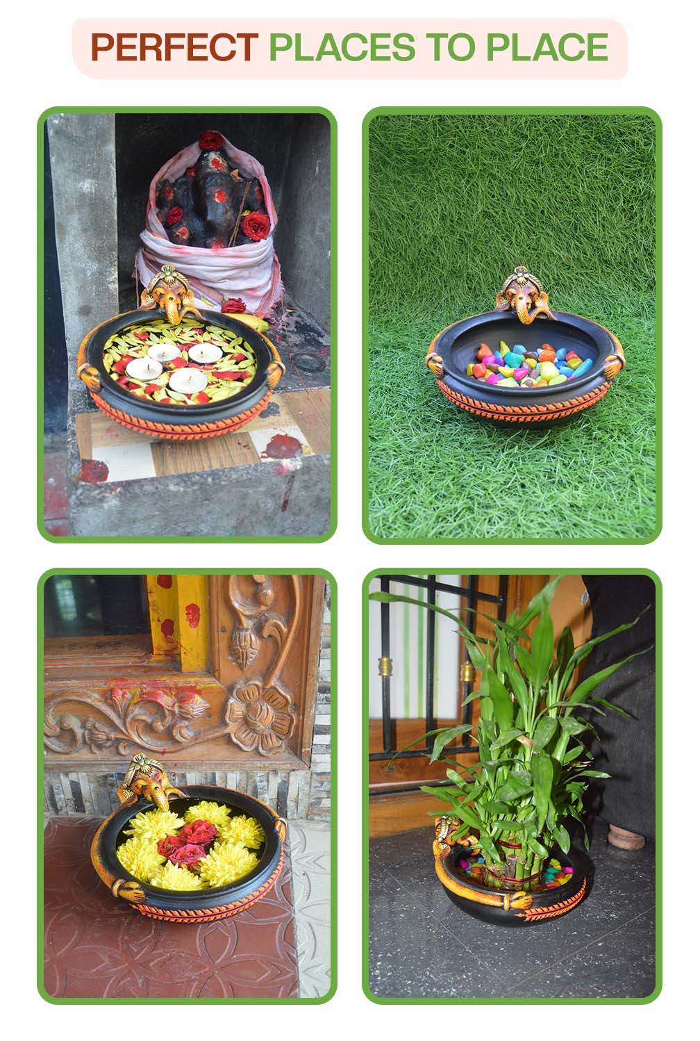 Creative ways to decorate with a terracotta Ganesha urli used with candles, pebbles, flowers, and plants at home entrances, pooja rooms, and garden spaces.
