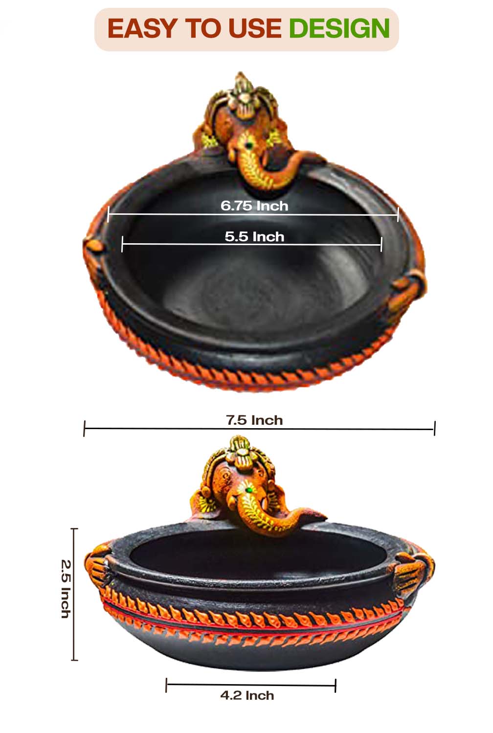 Handcrafted Terracotta Ganesha urli with product details showing size, suitable for indoor and outdoor use, pack of details.