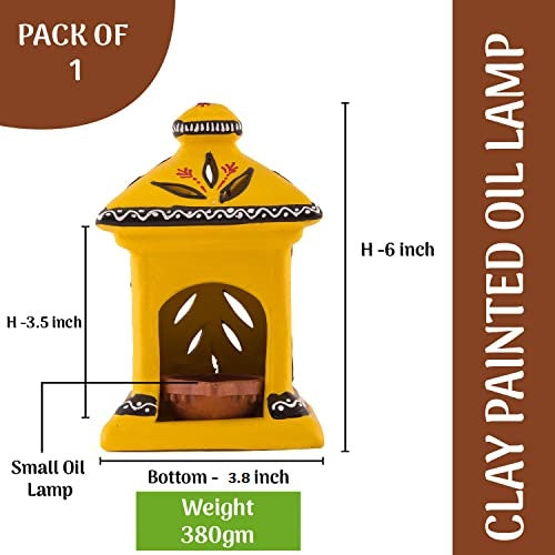 Dimension view of a yellow painted hut-shaped oil lamp with a small oil diya inside, measuring 6 inches in height, 3.8 inches at the base, and weighing 380 grams.