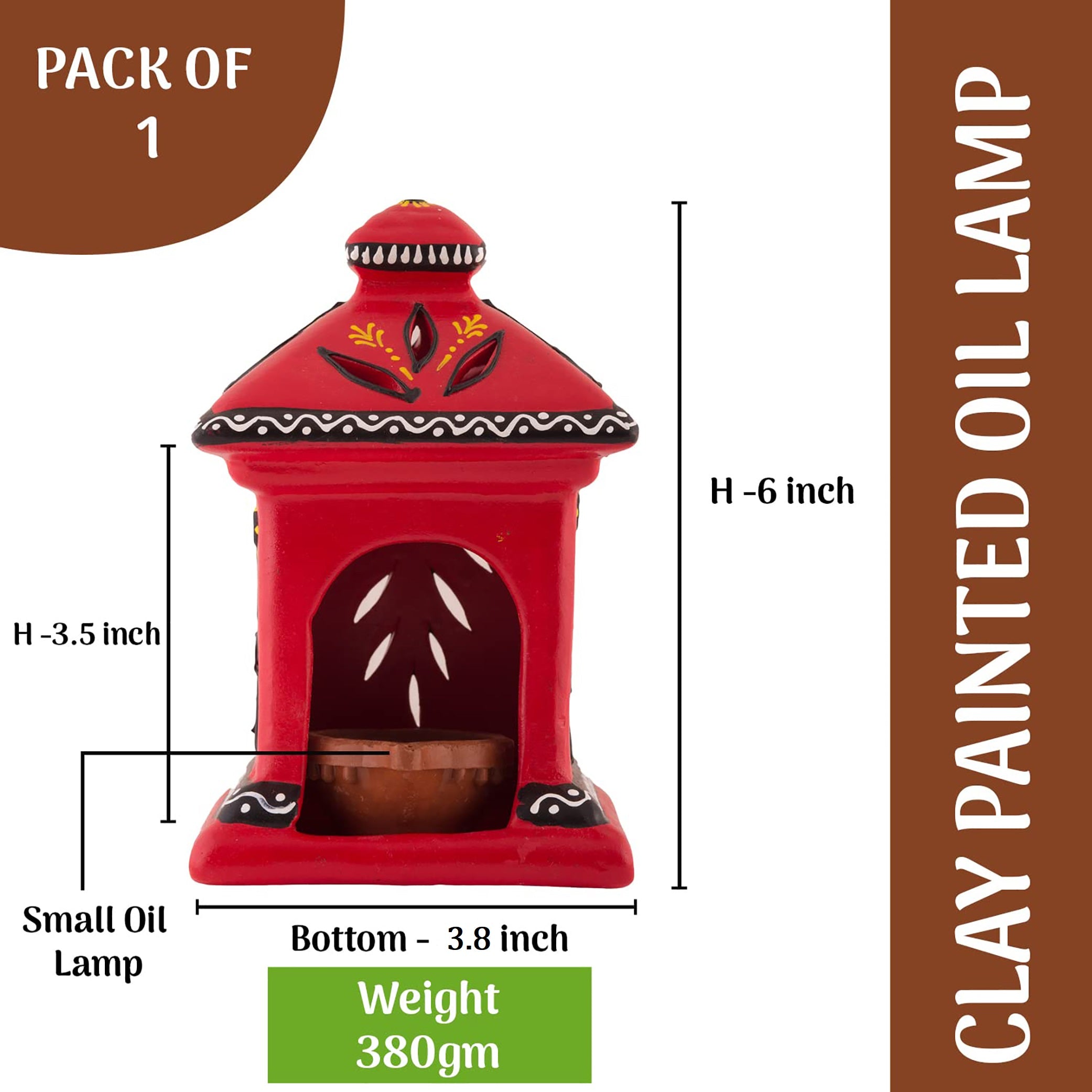 Dimension view of a Red painted hut-shaped oil lamp with a small oil diya inside, measuring 6 inches in height, 3.8 inches at the base, and weighing 380 grams.