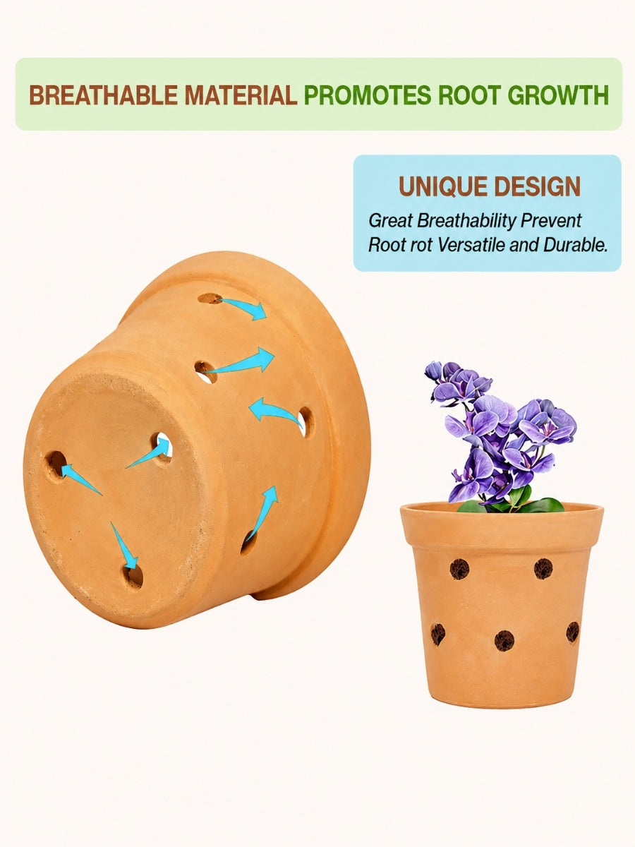 Root-friendly terracotta planter with ventilation holes that support airflow and prevent rot—perfect as an indoor flower pot or clay garden planter for healthy plants.