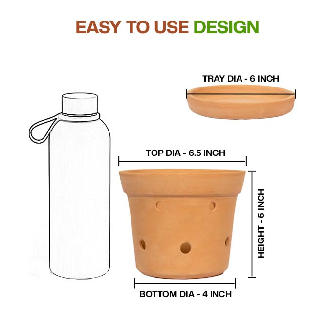 Terracotta planter pot with matching tray, shown with a simple and user-friendly design-perfect for orchids, succulents, or indoor plants.