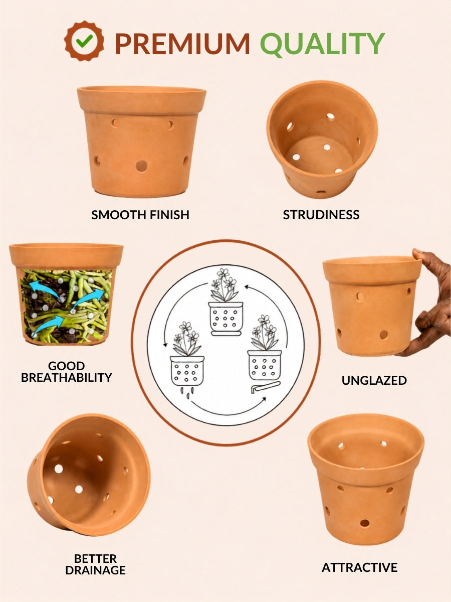 Premium terracotta flower pot with smooth finish, good breathability, better drainage, and sturdy unglazed clay-ideal as an indoor planter or garden pot for orchids.