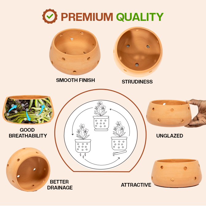 Premium terracotta flower pot with smooth finish, good breathability, better drainage, and sturdy unglazed clay-ideal as an indoor planter or garden pot for orchids.