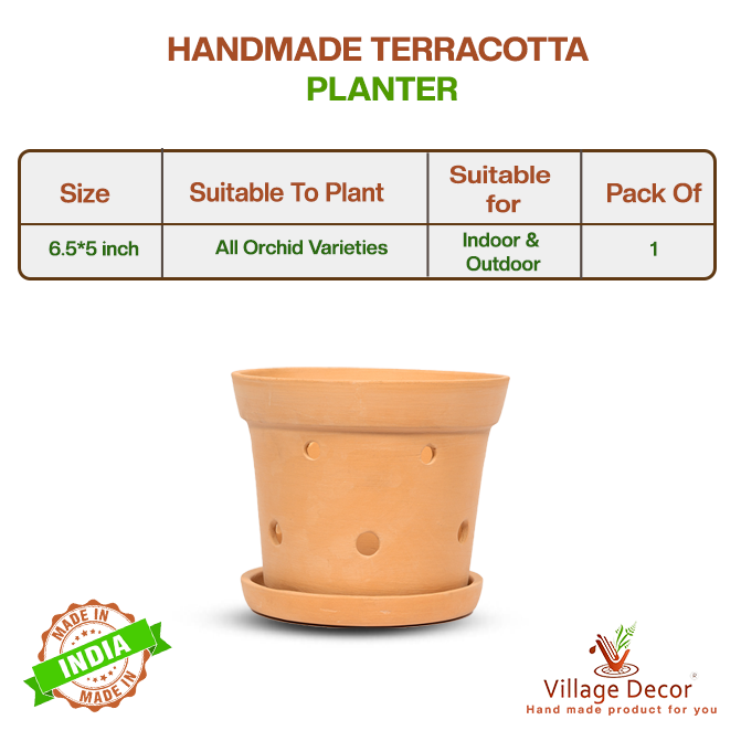Handmade terracotta planter pot with side drainage holes and matching tray, ideal for growing all orchid varieties indoors or outdoors.
