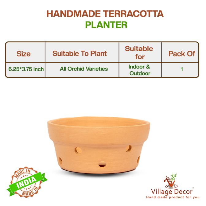 Handmade terracotta planter pot with side drainage holes, ideal for growing all orchid varieties indoors or outdoors.