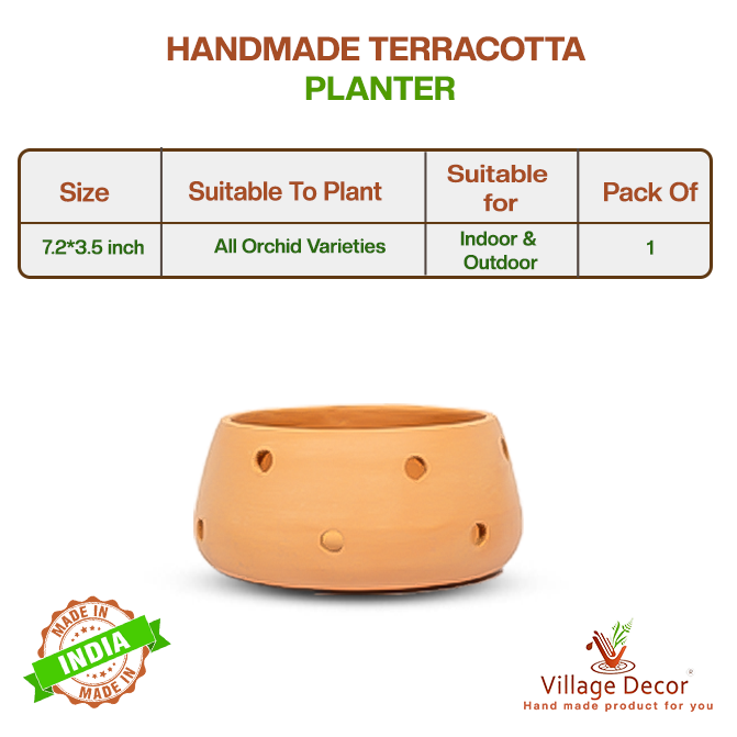 Handmade terracotta planter pot with side drainage holes, ideal for growing all orchid varieties indoors or outdoors.