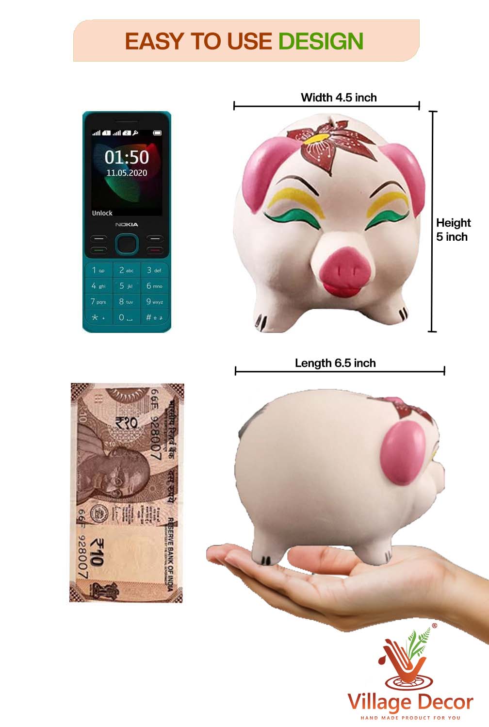 Handcrafted terracotta piggy bank shown in dimension view on a white background, displayed beside a mobile phone, currency note, and hand for easy size comparison.