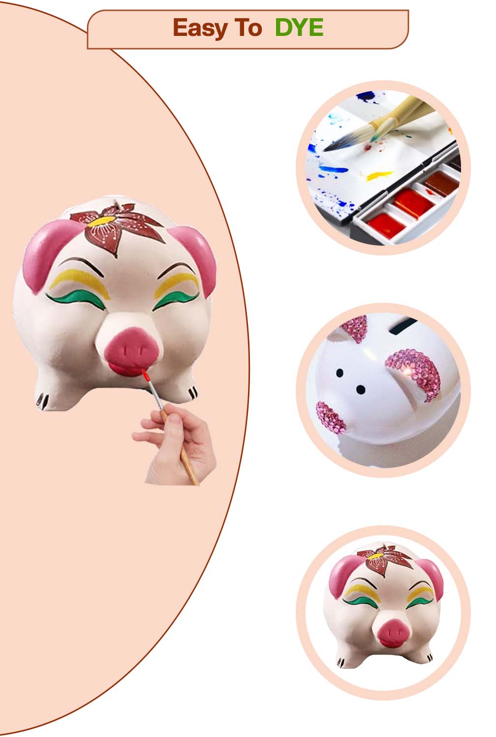Terracotta piggy bank being painted with colors, showing how children can easily decorate and customize their own money bank for a fun saving activity.