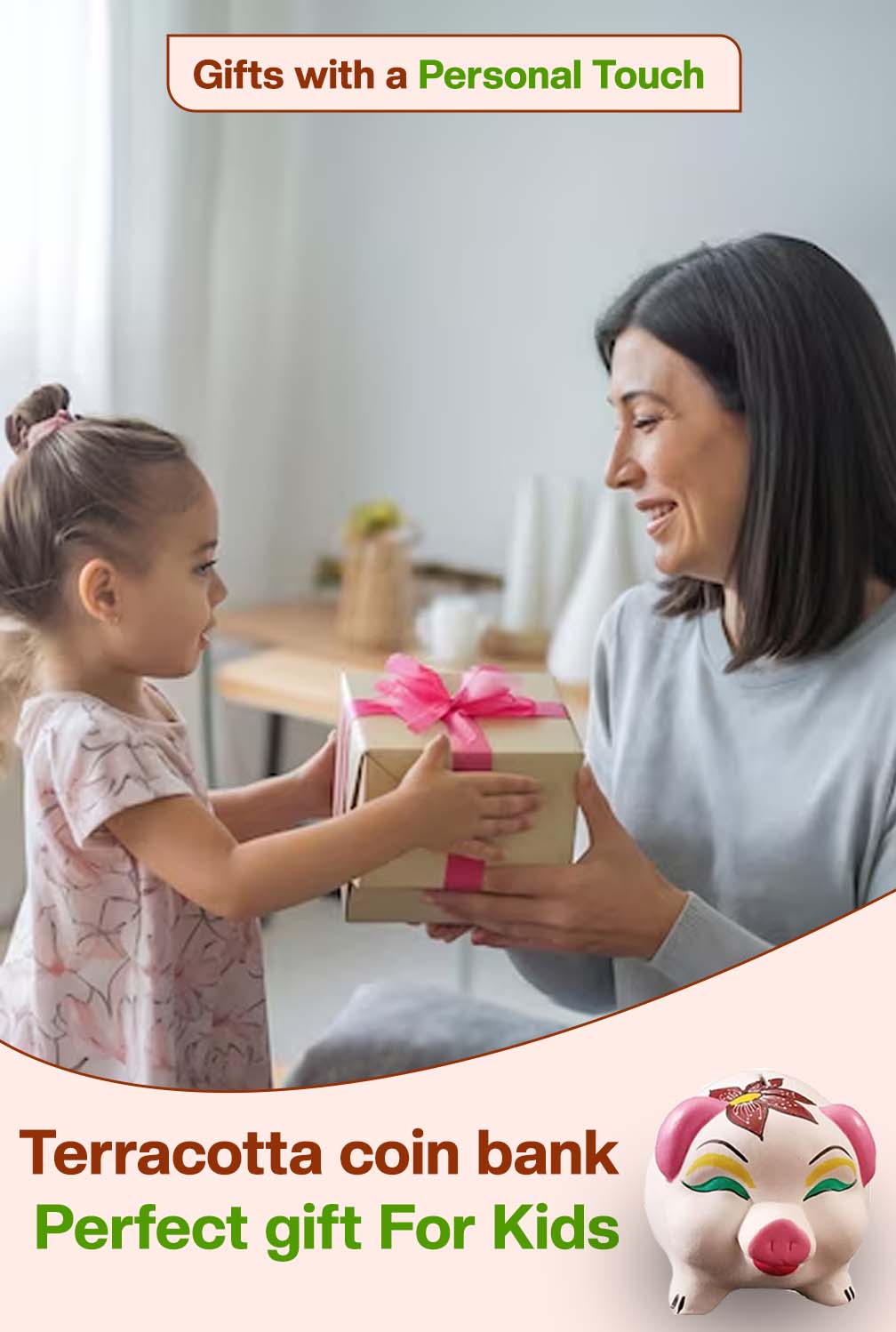 Mother giving a gift box to her daughter with a Village Decor terracotta piggy bank shown as a perfect gift for kids, promoting savings in a joyful way.