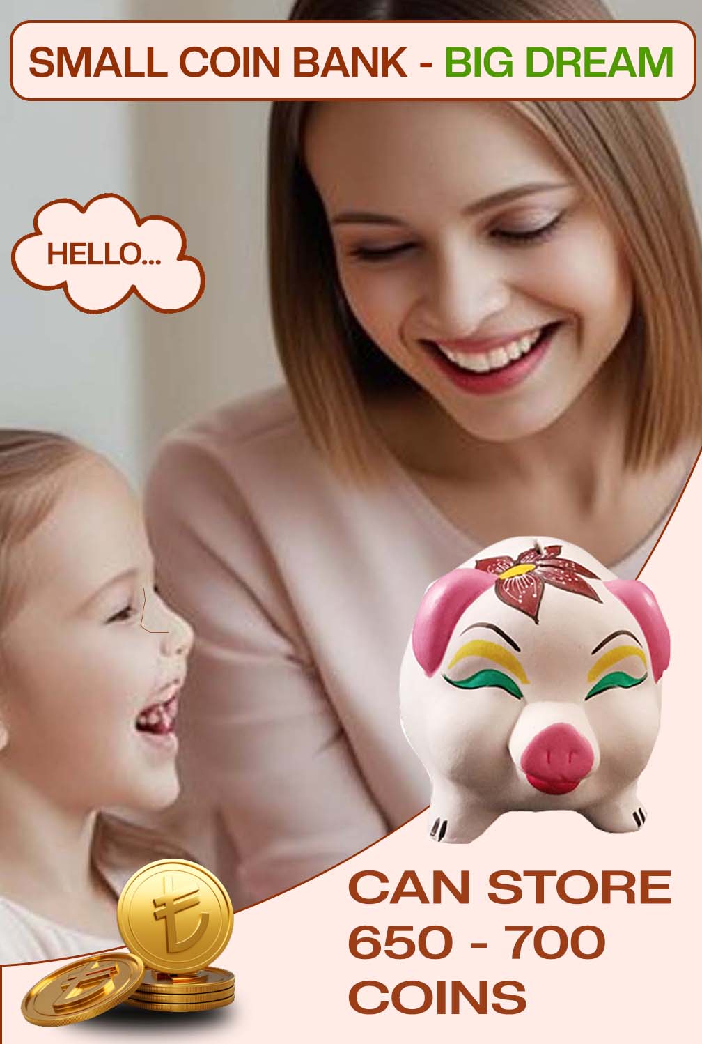 Smiling mother and daughter with Village Decor terracotta piggy bank, highlighting its storage capacity for coins and making saving fun for kids.