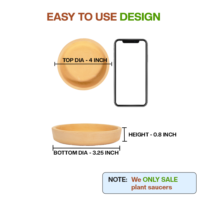 Terracotta plant saucer shown with top, bottom diameter and height dimensions, emphasizing easy-to-use design and clear note that only saucers are sold.