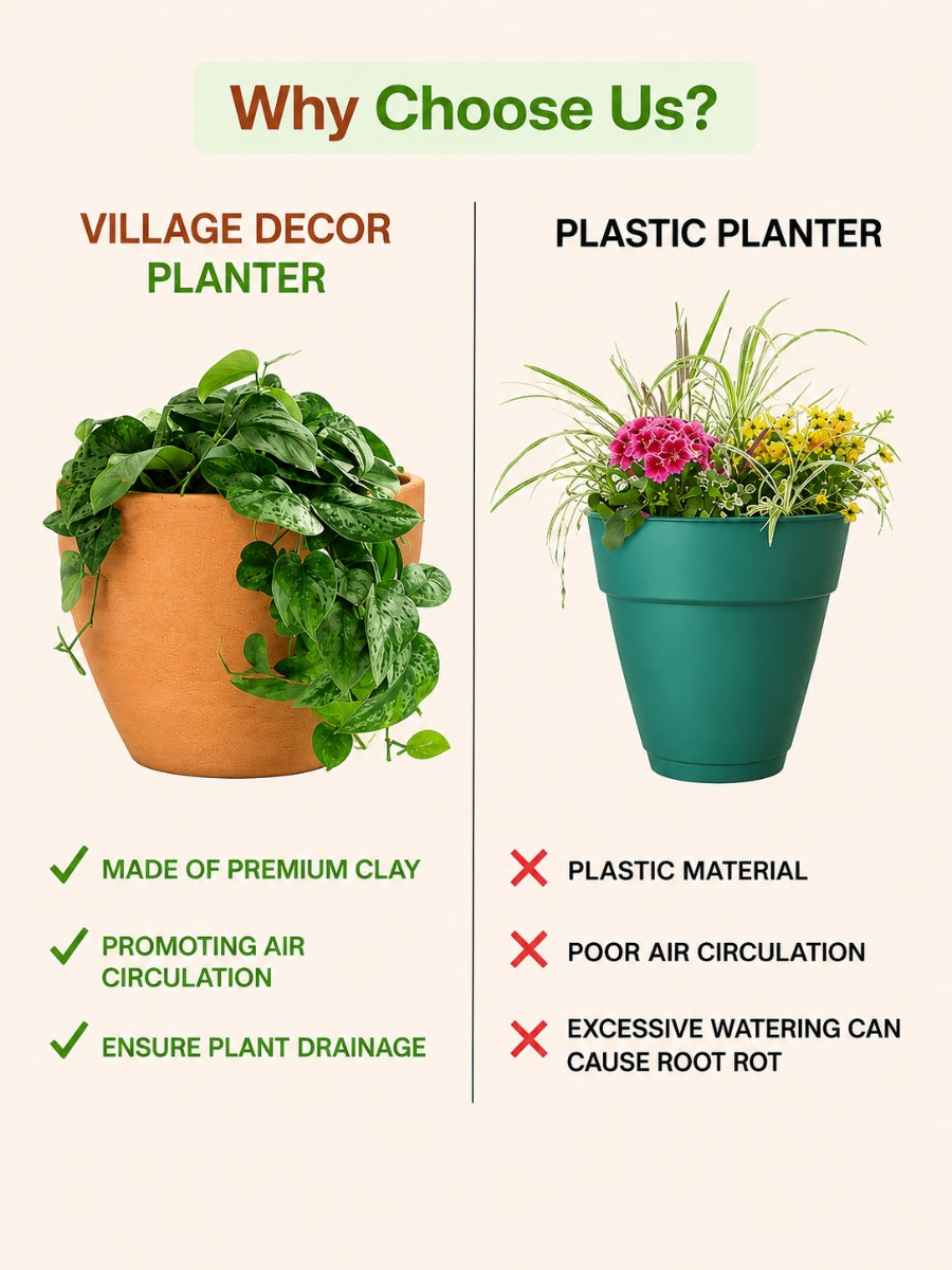 Comparison of Village Decor clay planter and plastic pot showing benefits in air circulation and drainage.