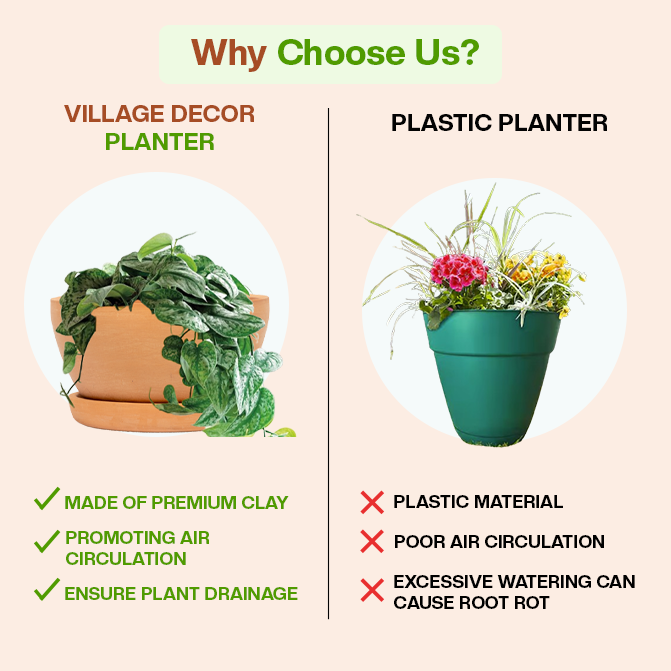 Comparison of Village Decor clay planter and plastic pot showing benefits in air circulation and drainage.