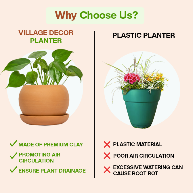Comparison of Village Decor clay planter and plastic pot showing benefits in air circulation and drainage.
