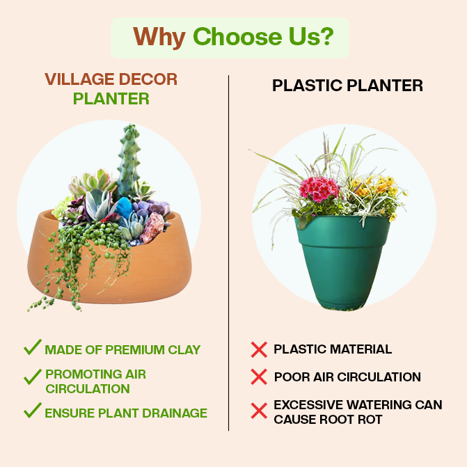 Comparison of Village Decor clay planter and plastic pot showing benefits in air circulation and drainage.