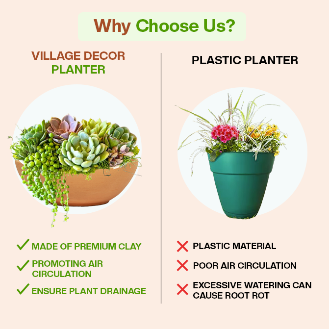 Comparison of Village Decor clay planter and plastic pot showing benefits in air circulation and drainage.