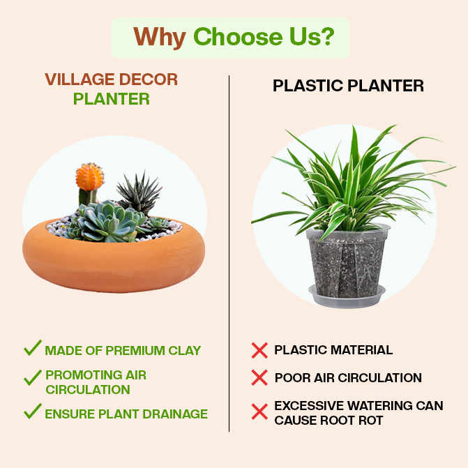 Comparison of Village Decor clay planter and plastic pot showing benefits in air circulation and drainage.