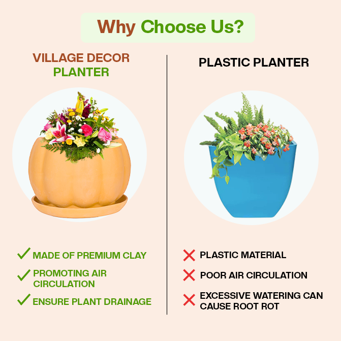 Comparison of Village Decor clay planter and plastic pot showing benefits in air circulation and drainage.
