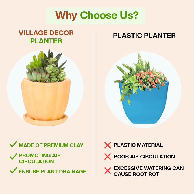 Comparison of Village Decor clay planter and plastic pot showing benefits in air circulation and drainage.