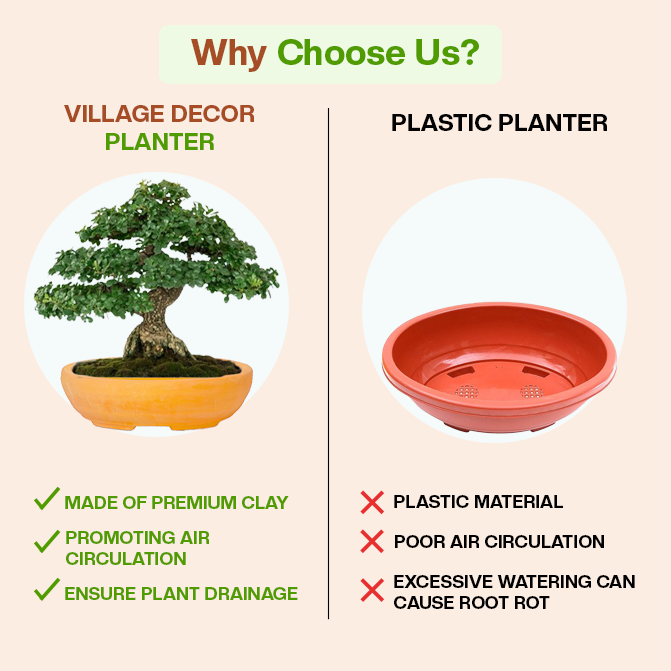 Comparison of Village Decor clay planter and plastic pot showing benefits in air circulation and drainage.