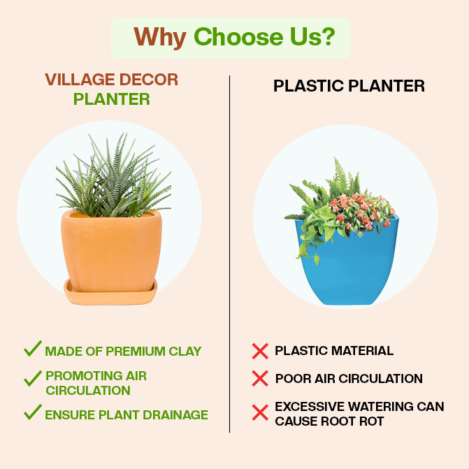 Comparison of Village Decor clay planter and plastic pot showing benefits in air circulation and drainage.