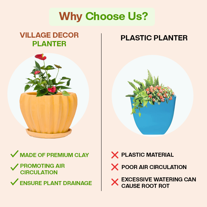 Comparison of Village Decor clay planter and plastic pot showing benefits in air circulation and drainage.