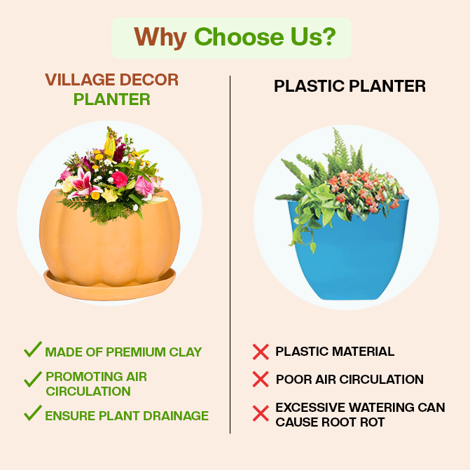 Comparison of Village Decor clay planter and plastic pot showing benefits in air circulation and drainage.
