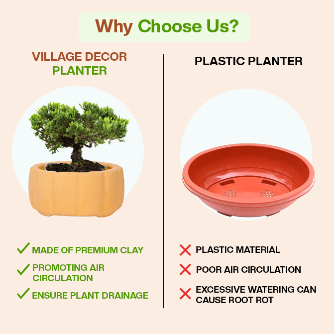 Comparison of Village Decor clay planter and plastic pot showing benefits in air circulation and drainage.