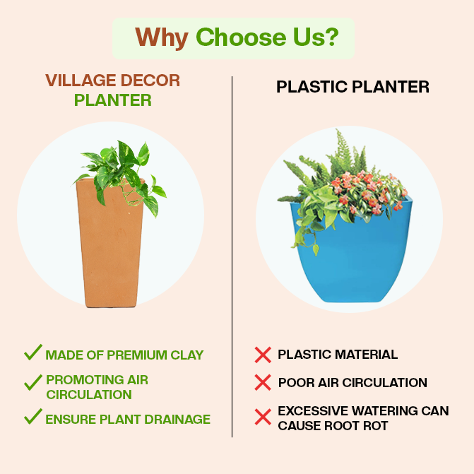 Comparison of Village Decor clay planter and plastic pot showing benefits in air circulation and drainage.