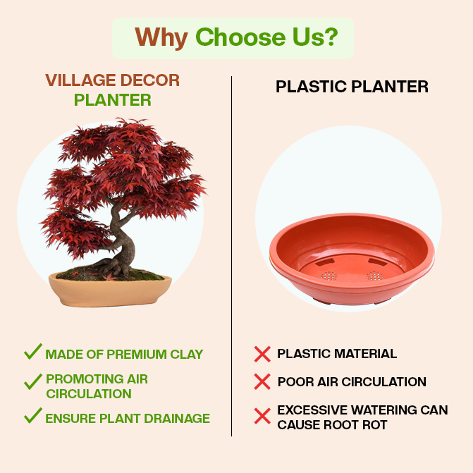 Comparison of Village Decor clay planter and plastic pot showing benefits in air circulation and drainage.