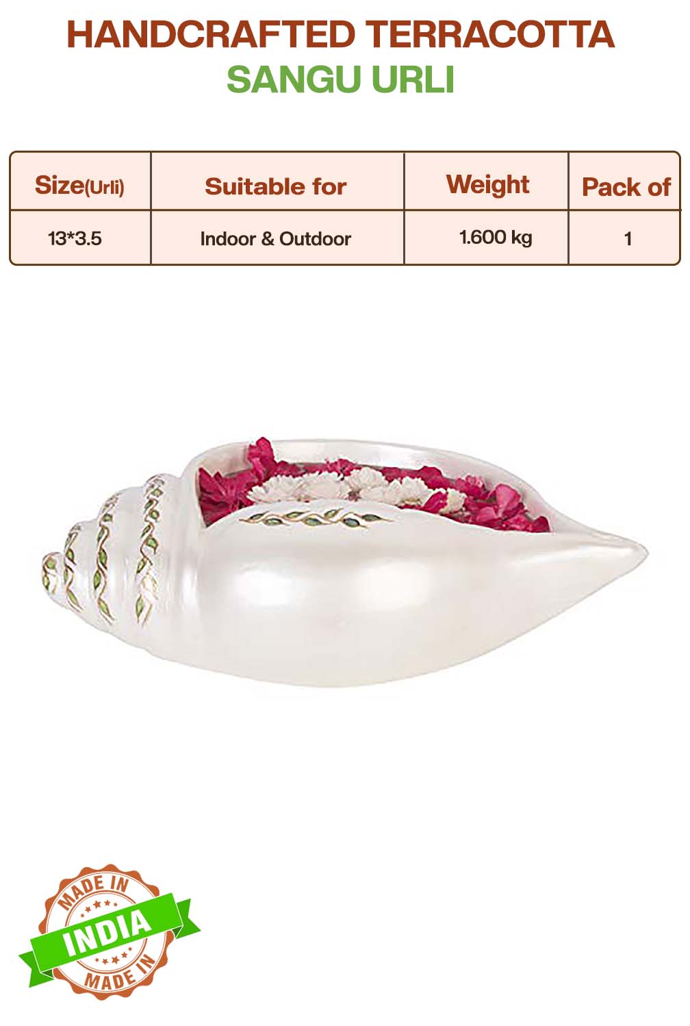 Handcrafted Terracotta Sangu urli with product details showing size, suitable for indoor and outdoor use, pack of details.