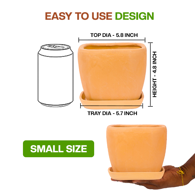 Terracotta Flower Pot showing easy to use design with dimension view and small size, ideal for indoor and outdoor plant lovers.