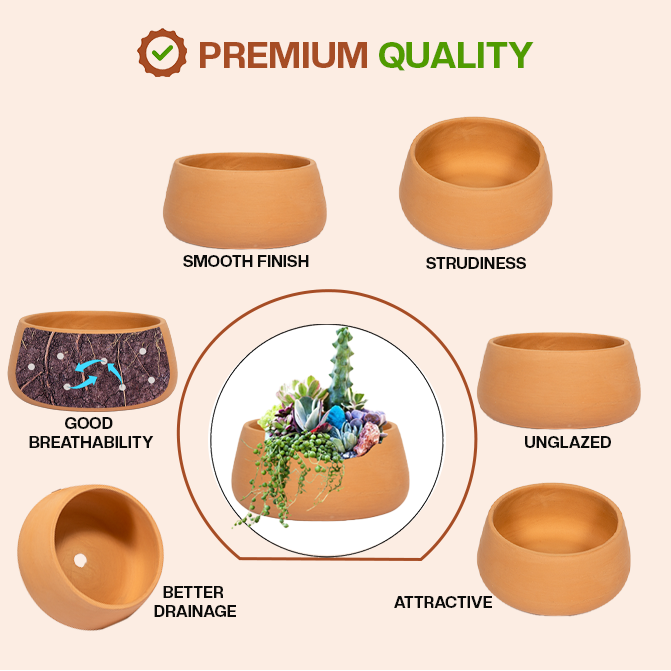 Terracotta Shape planter highlighting product features like smooth finish, sturdiness, good breathability, better drainage, unglazed design, and attractive look.