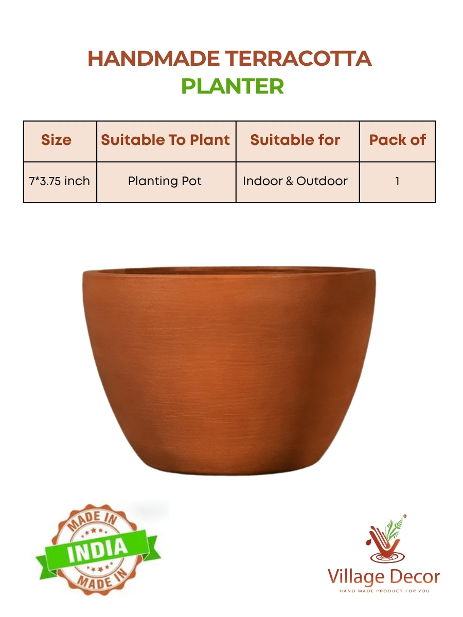 Handmade terracotta planter pot suitable for all varieties, ideal for indoor and outdoor use, image showing detailed product specifications.