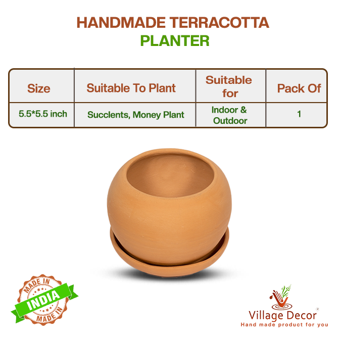 Handmade terracotta planter pot suitable for all varieties, ideal for indoor and outdoor use, image showing detailed product specifications.
