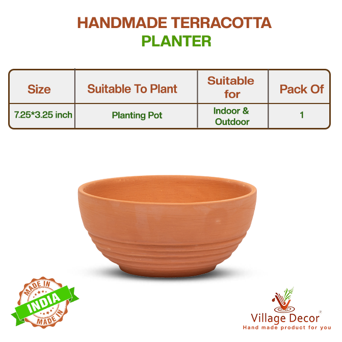 Handmade terracotta planter pot suitable for all varieties, ideal for indoor and outdoor use, image showing detailed product specifications.