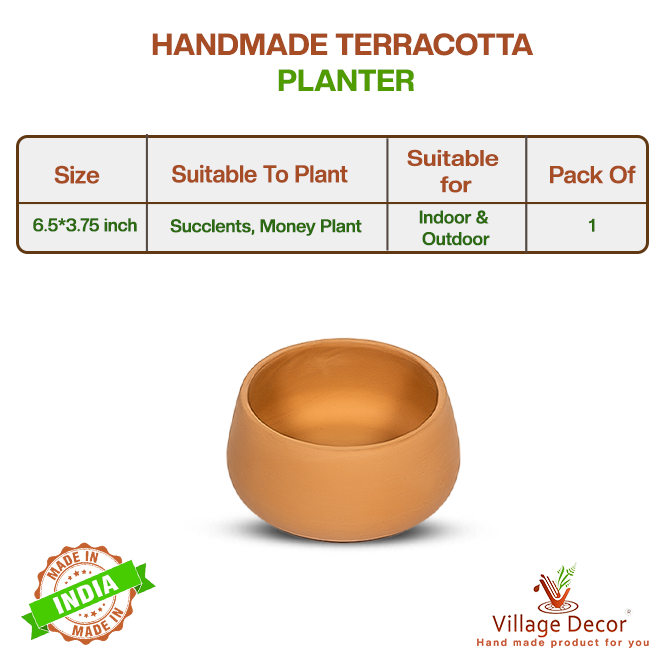 Handmade terracotta planter pot suitable for all varieties, ideal for indoor and outdoor use, image showing detailed product specifications.