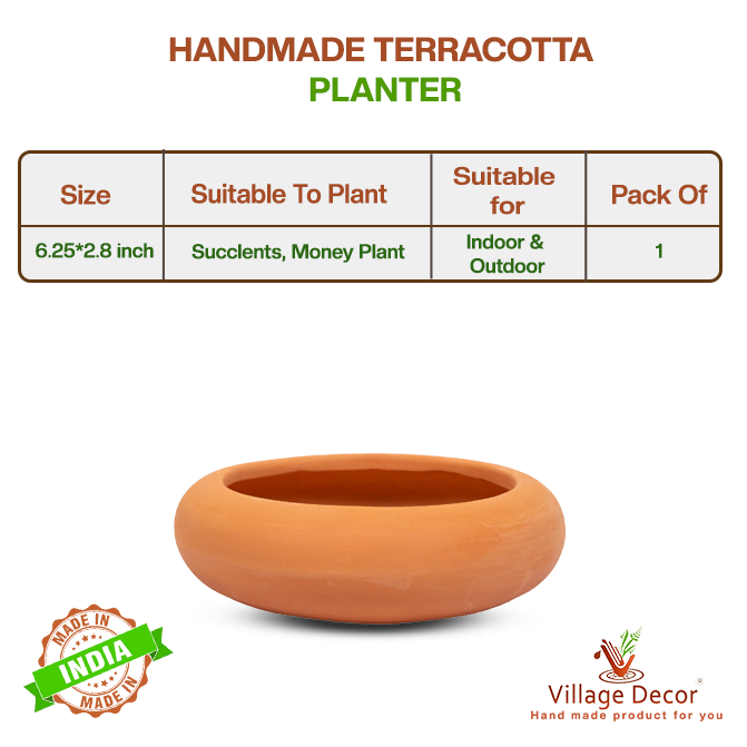 Handmade terracotta planter pot suitable for all varieties, ideal for indoor and outdoor use, image showing detailed product specifications.