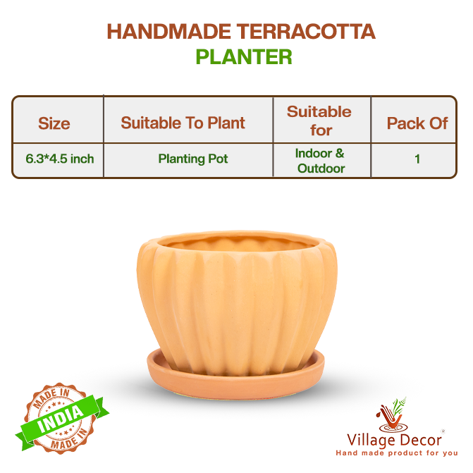 Handmade terracotta planter pot suitable for all varieties, ideal for indoor and outdoor use, image showing detailed product specifications.
